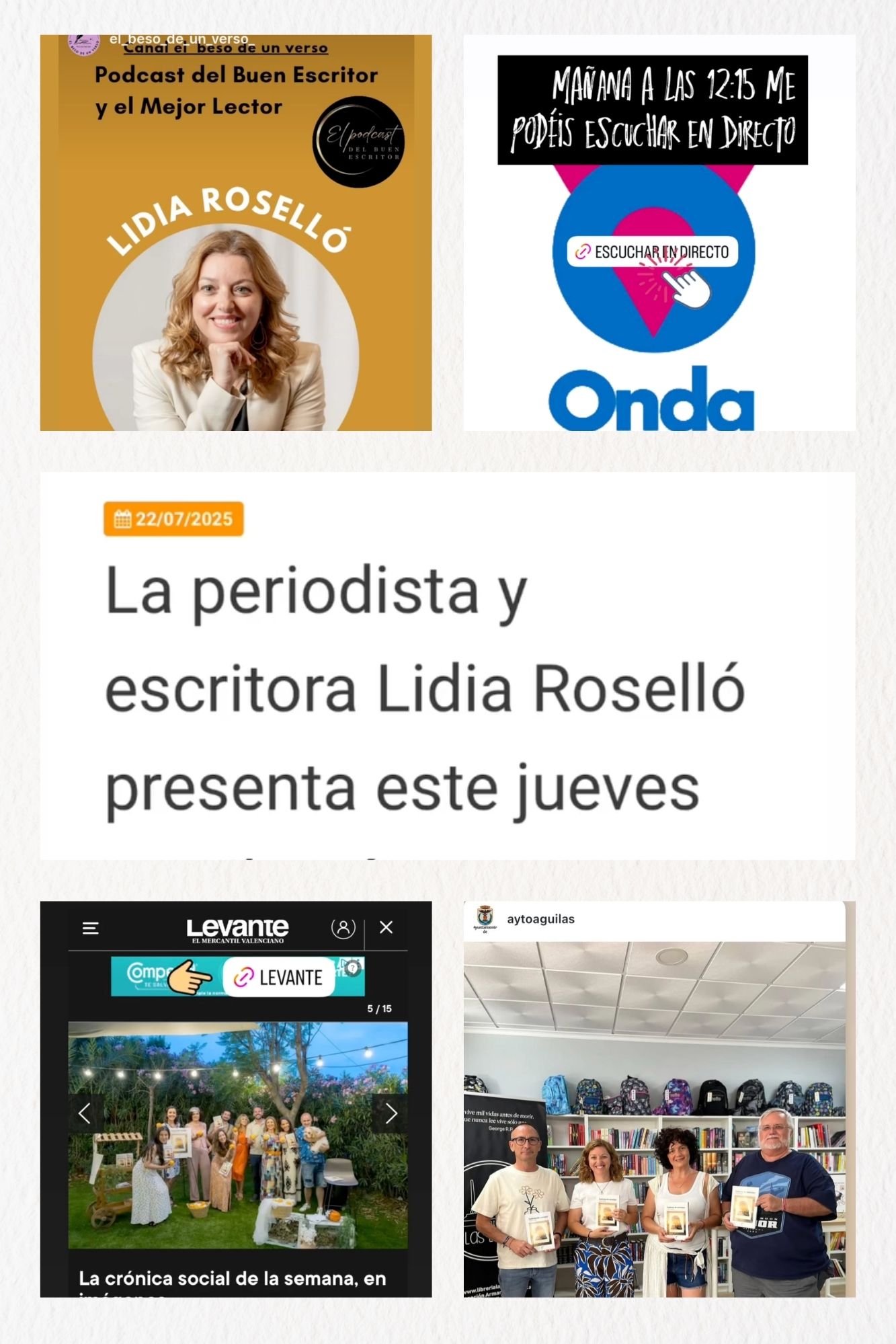 Collage de apariciones en prensa de Lidia Roselló, autora de Ladrona de Secretos y Ladrona de Naranjas