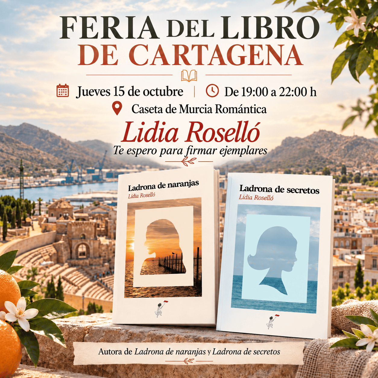 Cartel de Lidia Roselló en la Feria del Libro de Cartagena, caseta de Murcia Romántica, 15 de octubre de 2026