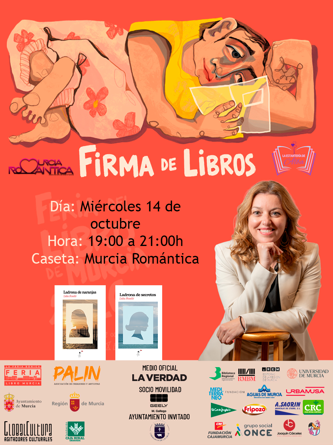 Cartel de Lidia Roselló en la Feria del Libro de Murcia, caseta de Murcia Romántica, 14 de octubre de 2026