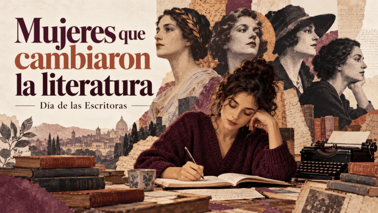 lustración de mujeres de distintas épocas junto a libros y una escritora trabajando en su cuaderno